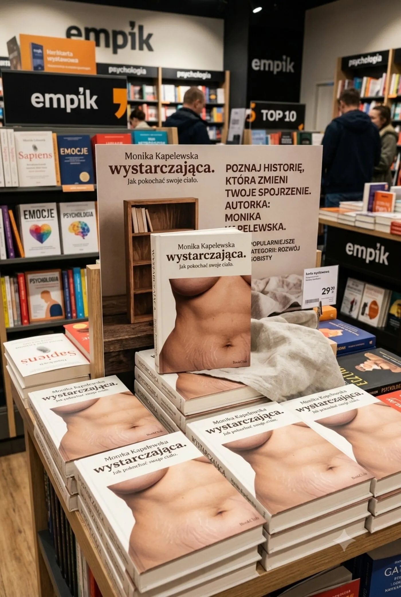 Stacks of the book Wystarczająca arranged on a display table in an Empik bookshop.